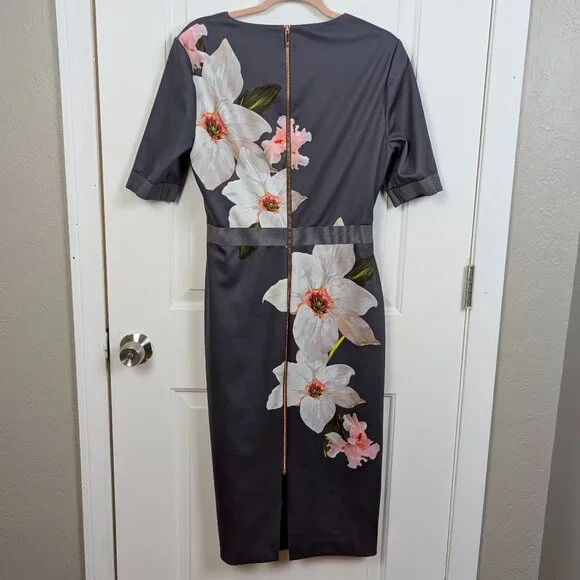 Ted Baker | Gray Floral Belted Sheath Midi Dress Size 4 - Picture 3 of 13